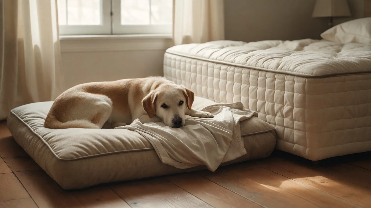 A dog resting its head on a worn t-shirt placed on its own orthopedic bed near a human mattress.