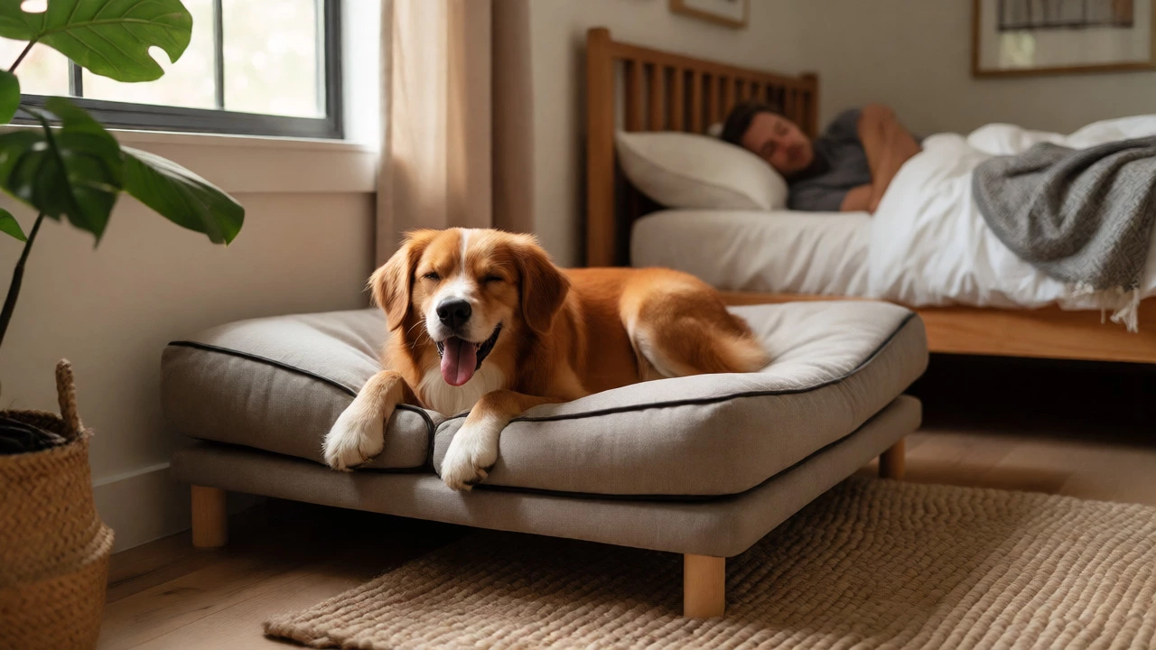 A dog sleeping comfortably in a bolster bed in the corner of a bedroom while the owner sleeps nearby.