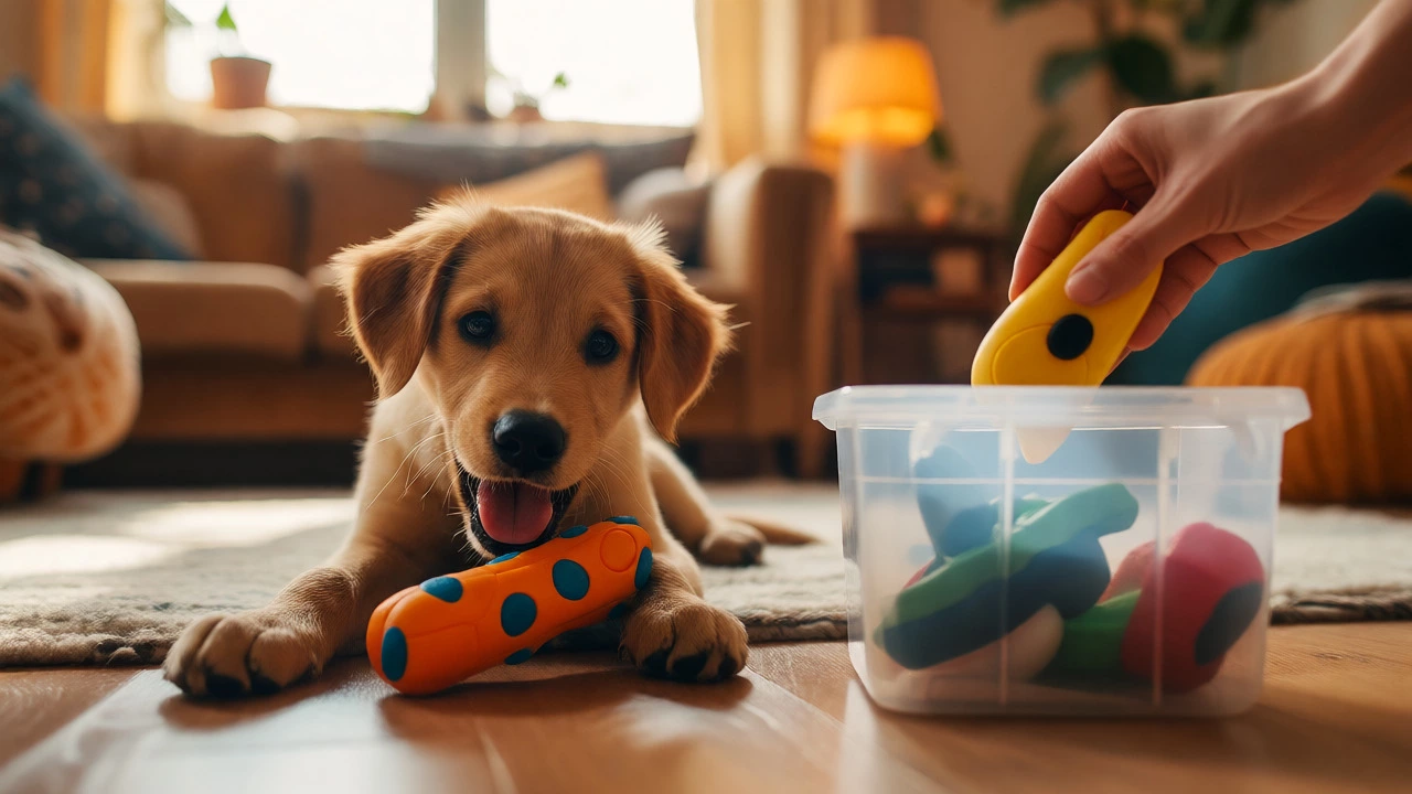 A happy puppy playing with a toy while a person organizes others in the background.