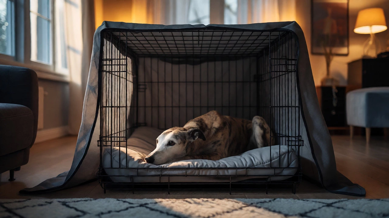 Adult dog resting on an orthopedic bed in a covered crate