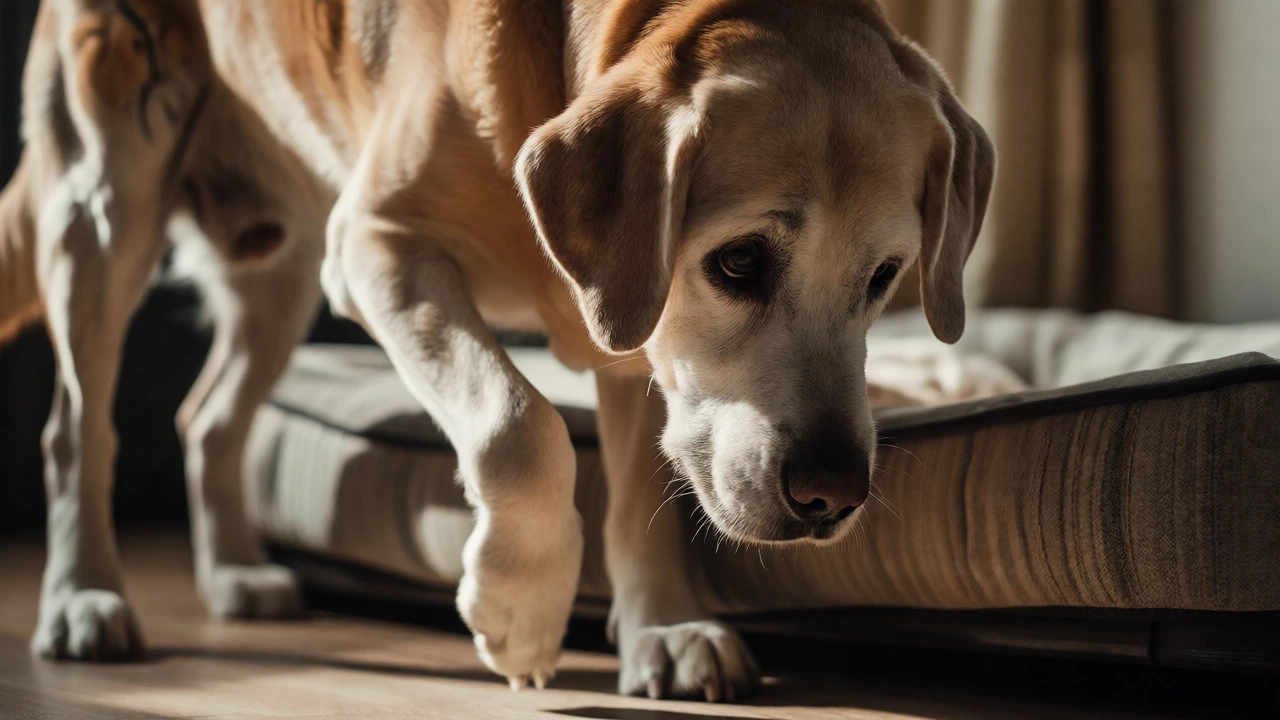 An elderly dog shows hesitation and stiffness before lying down due to joint pain.