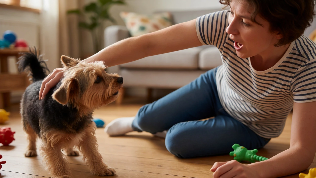 An owner withdrawing their hand from a terrier after a hard bite during play.