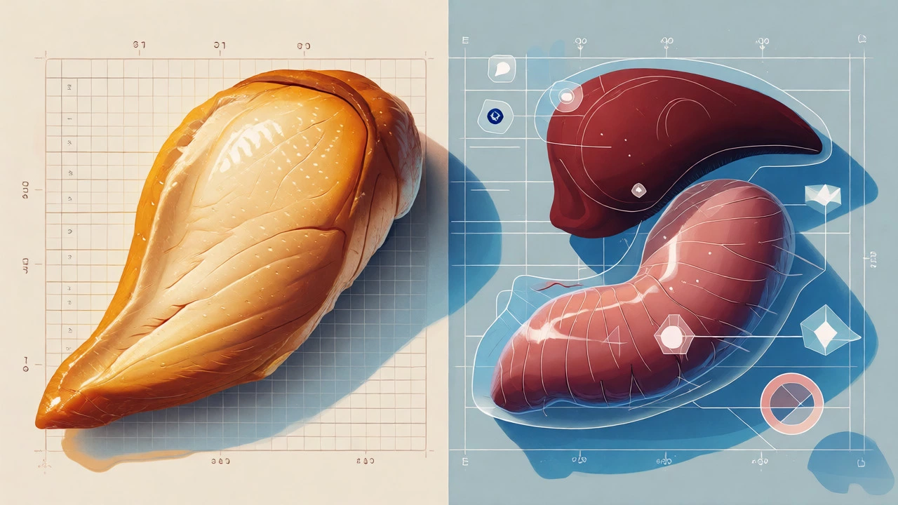Artistic comparison of chicken breast versus internal organs in cat food.