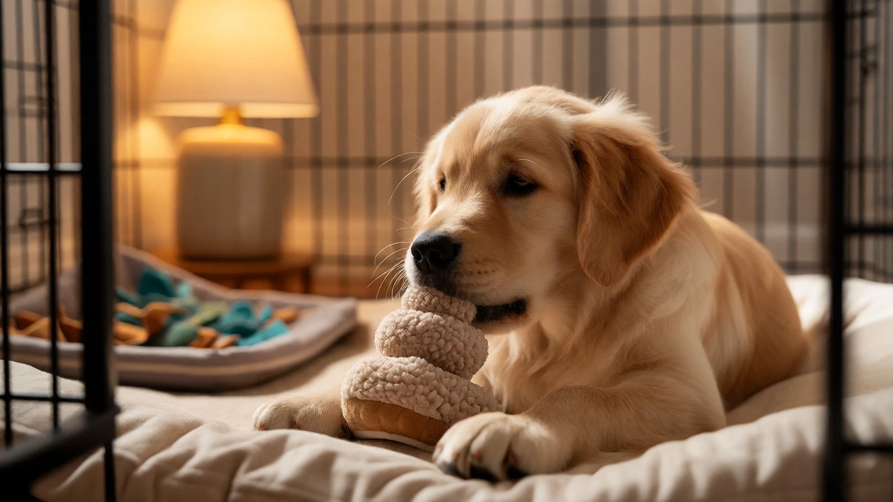 Calm puppy chewing a toy in a crate with a snuffle mat nearby