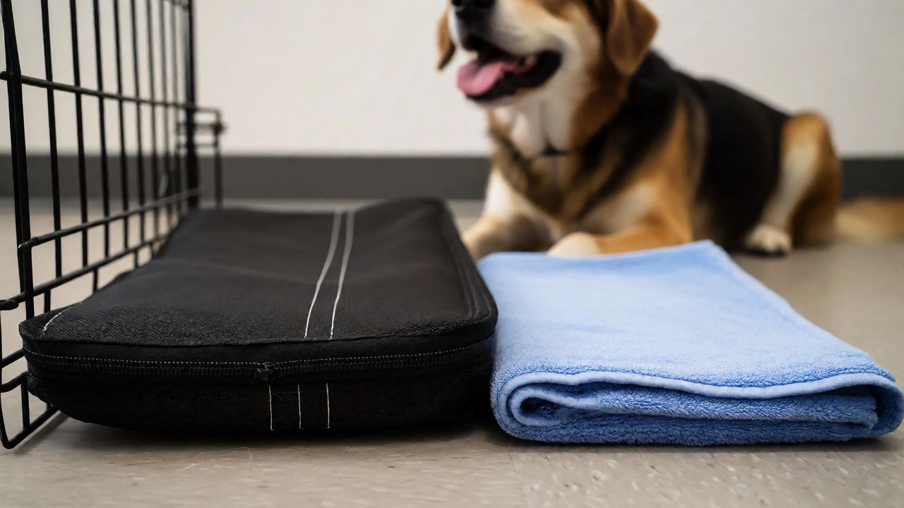 Chew-proof nylon pad and microfiber towel near a dog crate