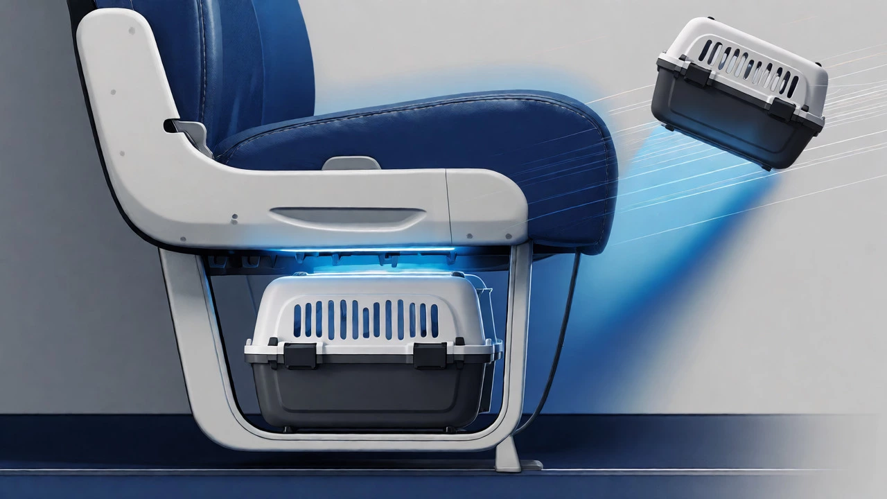 Diagram showing pet carrier secured under seat during turbulence