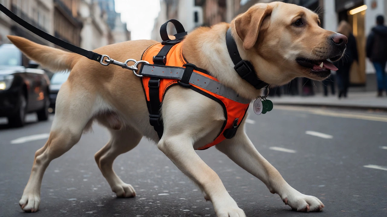 Labrador in a reflective harness and slim collar walking in a city