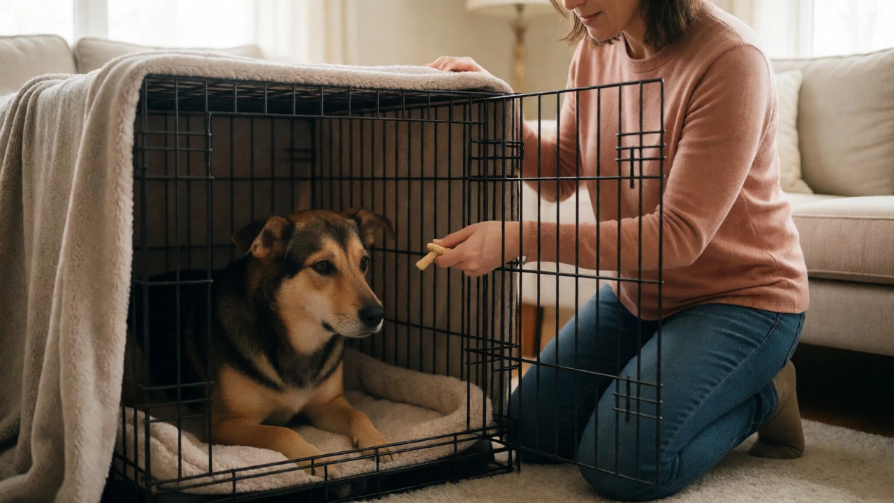 Owner offering treats to hesitant dog during crate training