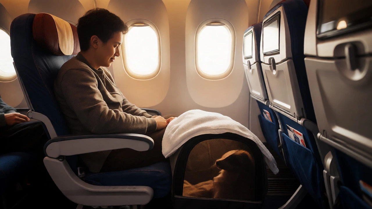 Passenger looking at covered pet carrier under plane seat