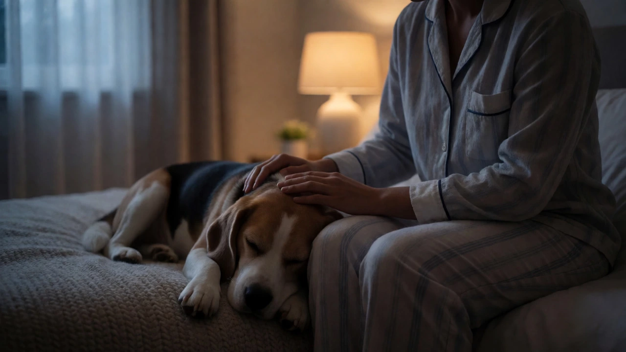 Person petting sleeping dog at foot of bed in moonlight