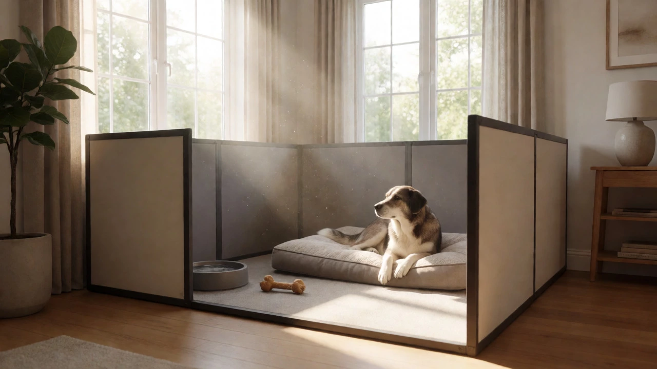 Relaxed dog resting in a spacious indoor exercise pen