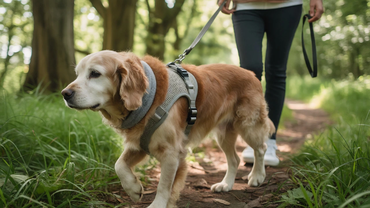 Senior dog in a soft collar and lightweight harness in a park