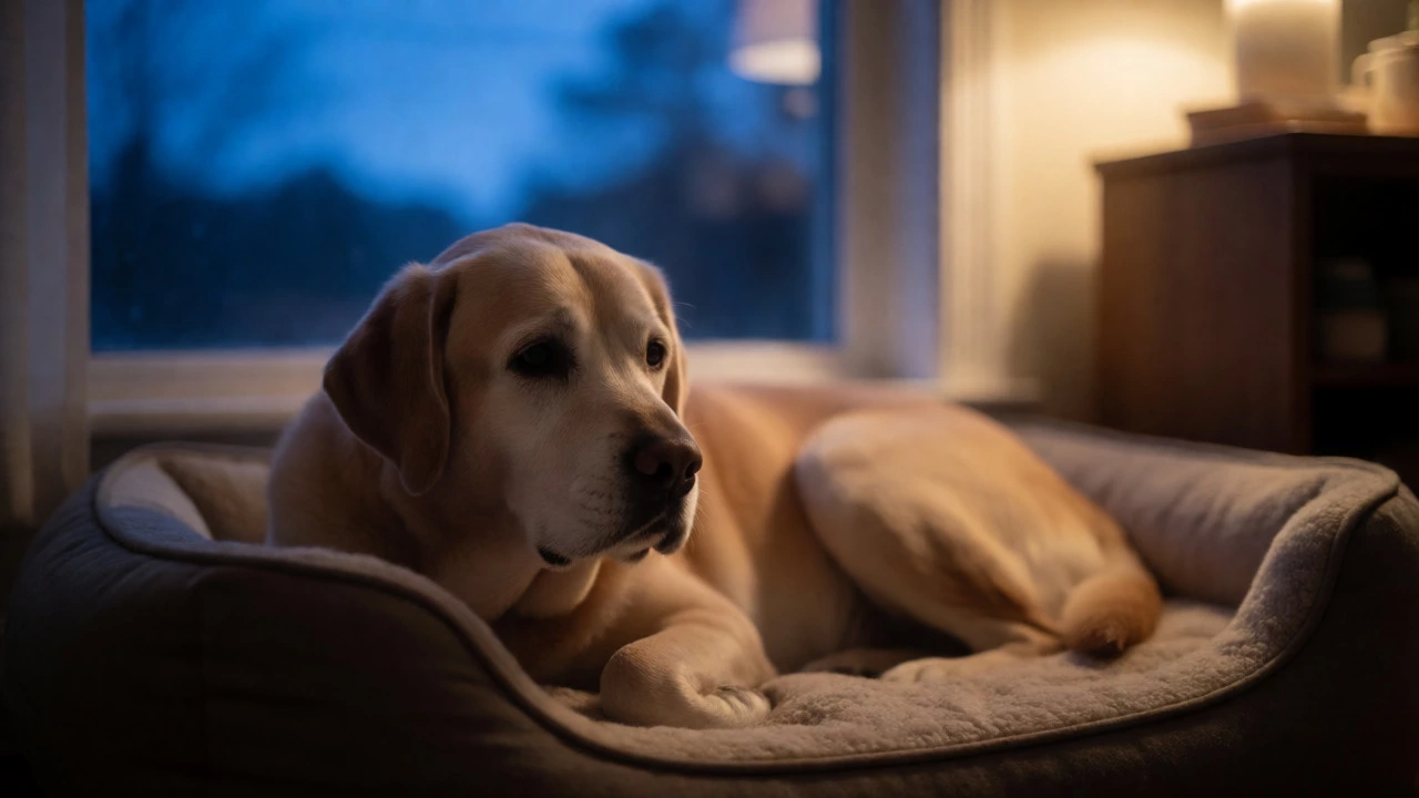 Senior dog resting peacefully in bed by twilight window