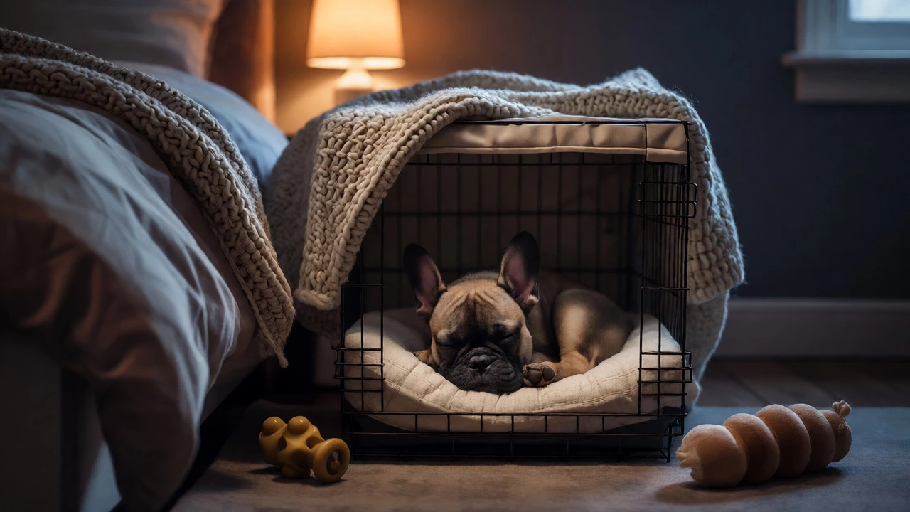 Sleeping French Bulldog puppy in a crate beside a bed, covered by a soft blanket.
