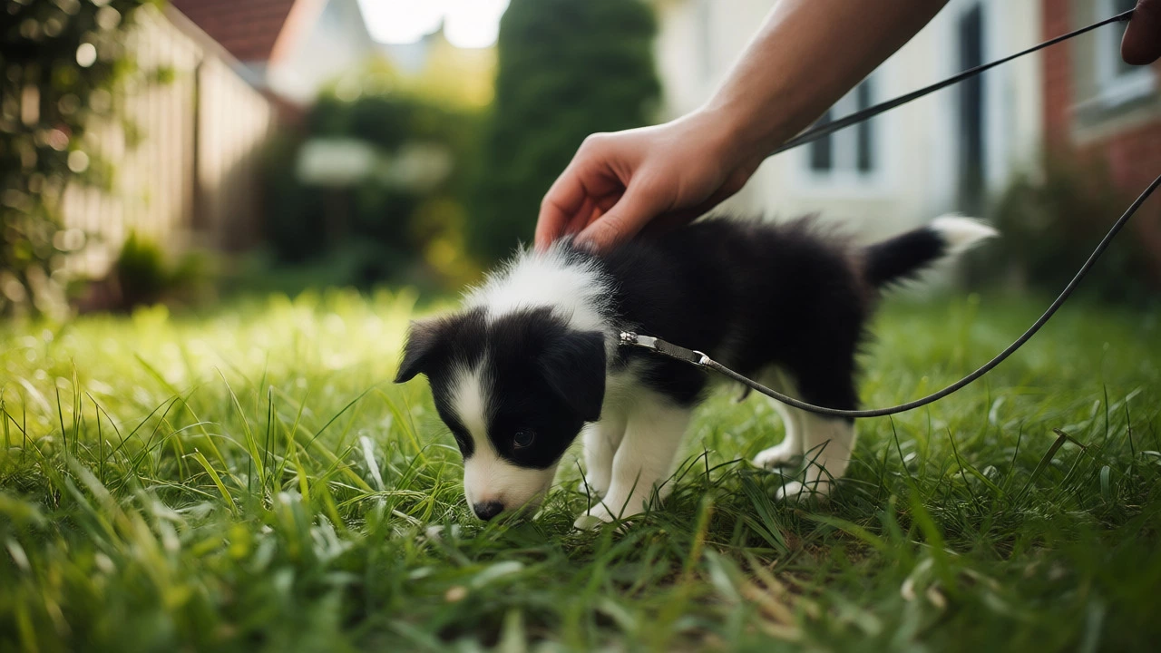 Small puppy on a leash exploring a quiet garden area during a supervised potty break.