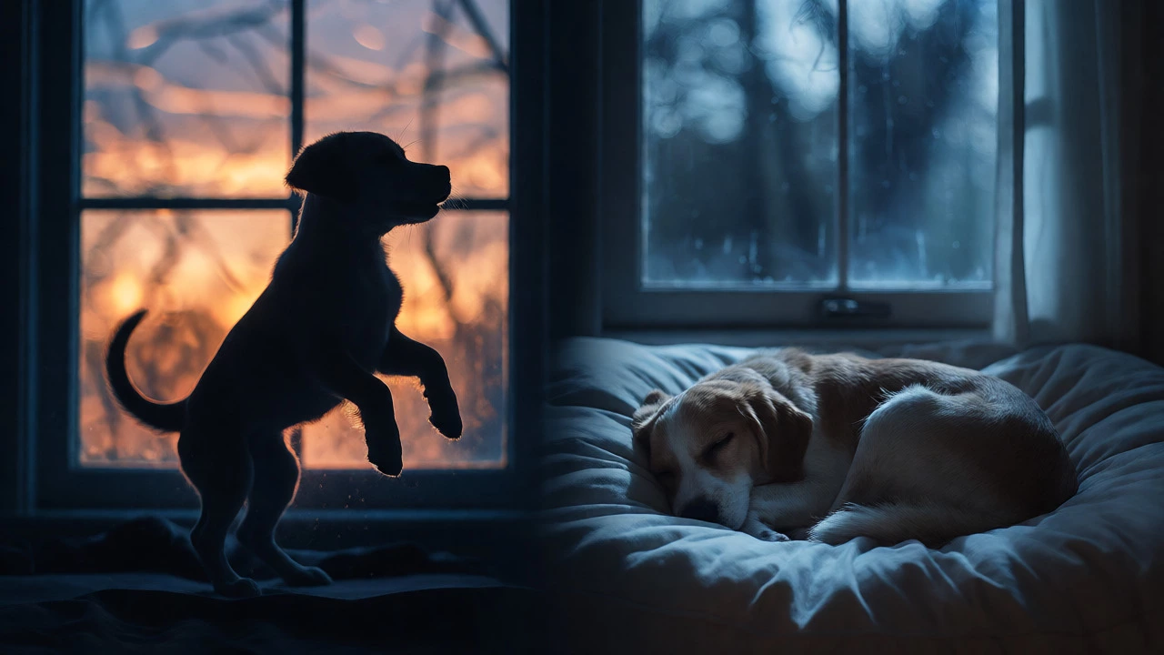 Split view of energetic puppy at dusk and sleeping peacefully