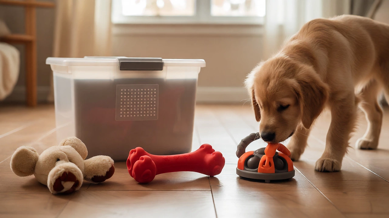 Three curated dog toys displayed neatly next to a storage bin in a clean room.