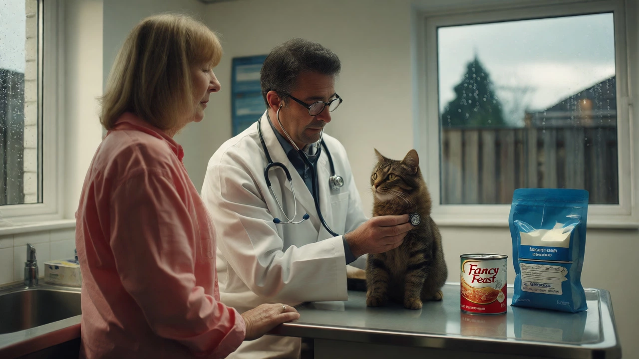 Veterinarian examining a cat with a can of food on the exam table.