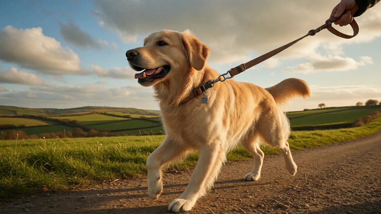 A Golden Retriever wearing a secure quick-release collar while walking on a leash outdoors.