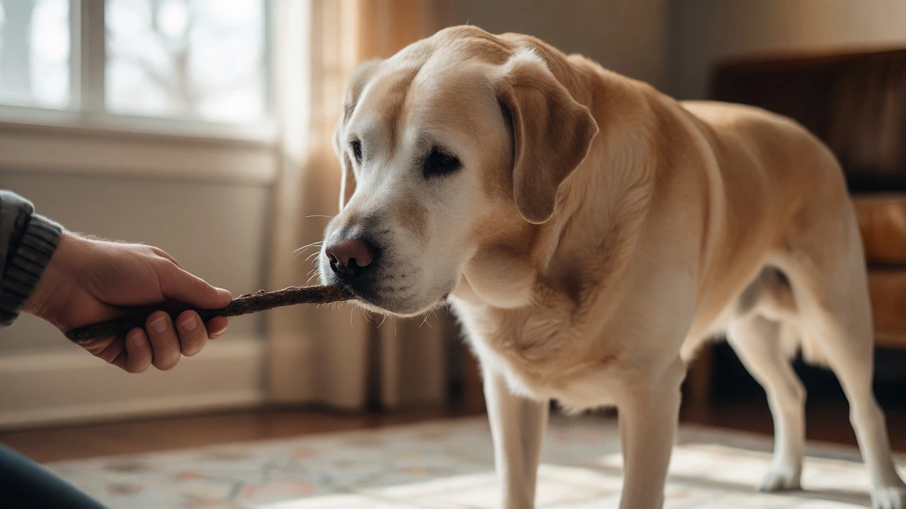 A senior Labrador gently touching a target stick for mental enrichment exercises.