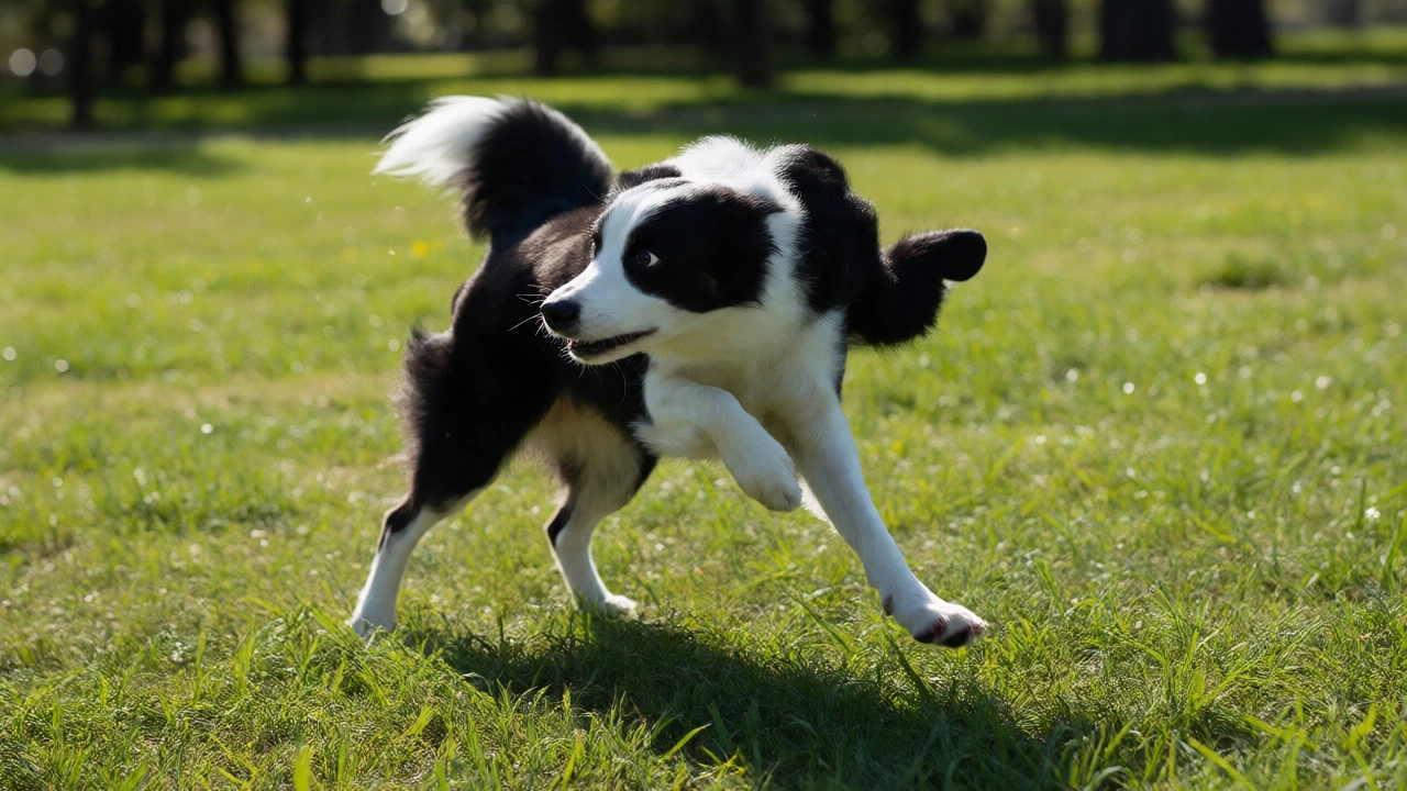 An energetic adolescent Border Collie practicing recall outdoors during a training session.
