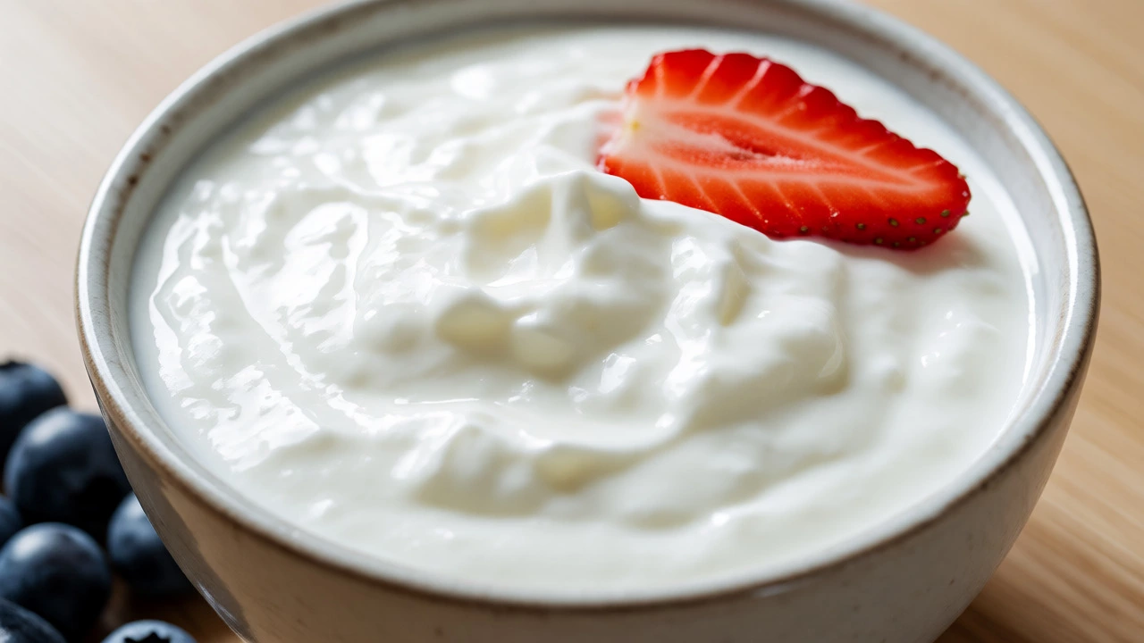 Close-up of plain Greek yogurt in a bowl topped with a strawberry slice and blueberries.