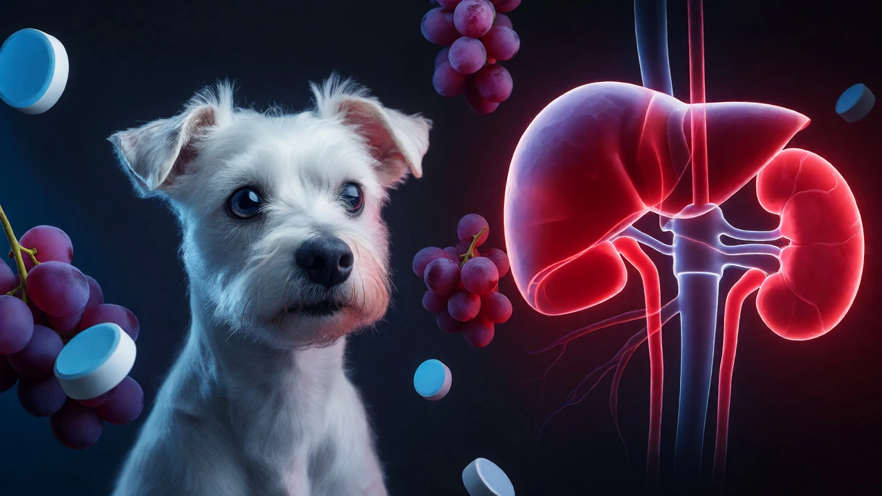 Conceptual art showing a dog with glowing red organs surrounded by grapes and gum.