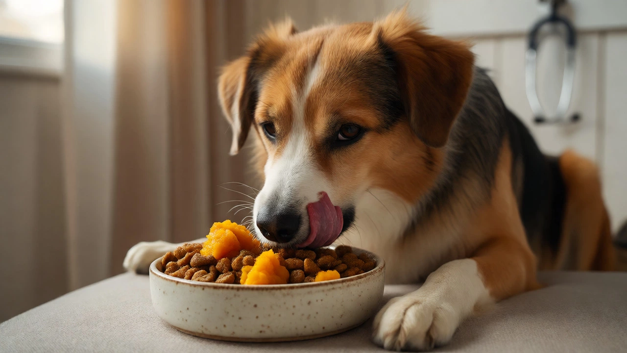 Dog eating kibble mixed with pumpkin puree in a home setting