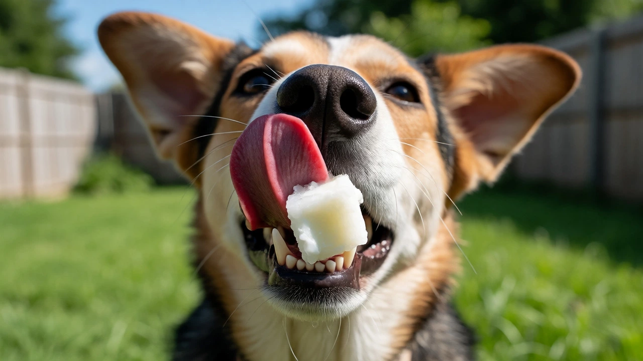 Dog happily licking a frozen cube of Greek yogurt off its nose in a sunny garden.