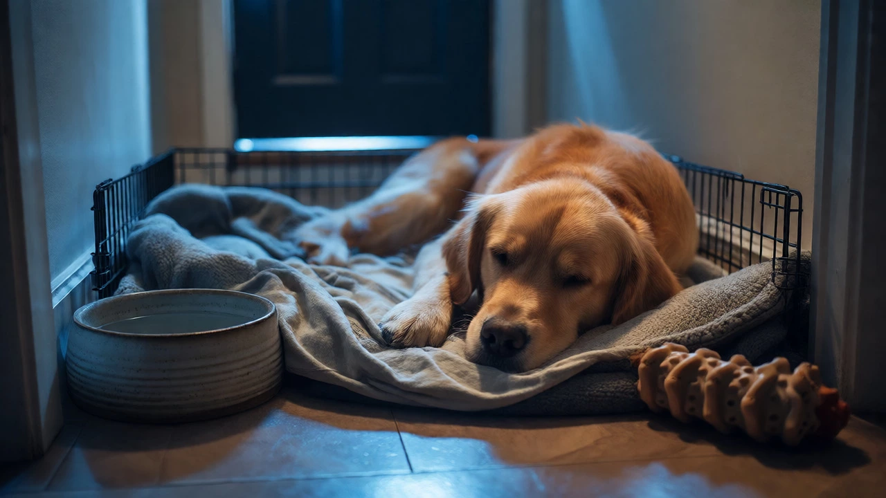 Dog resting in crate with comfort items