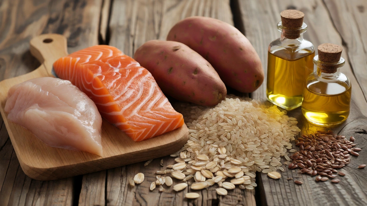 Fresh chicken, salmon, sweet potatoes, and fish oil arranged on a wooden table.