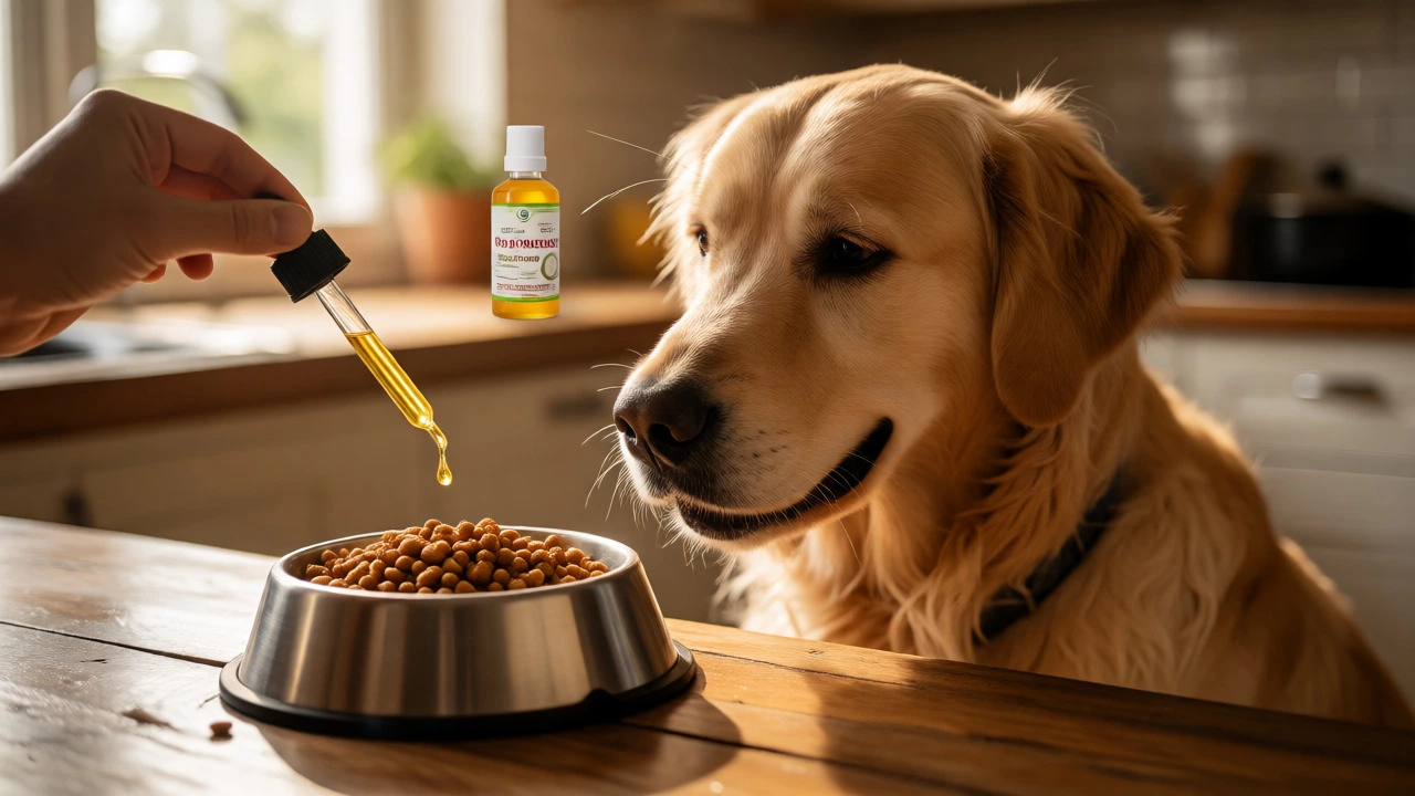 Golden retriever waiting for fish oil drops added to its food bowl