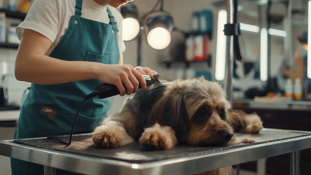 Groomer trimming dog's fur on professional grooming table