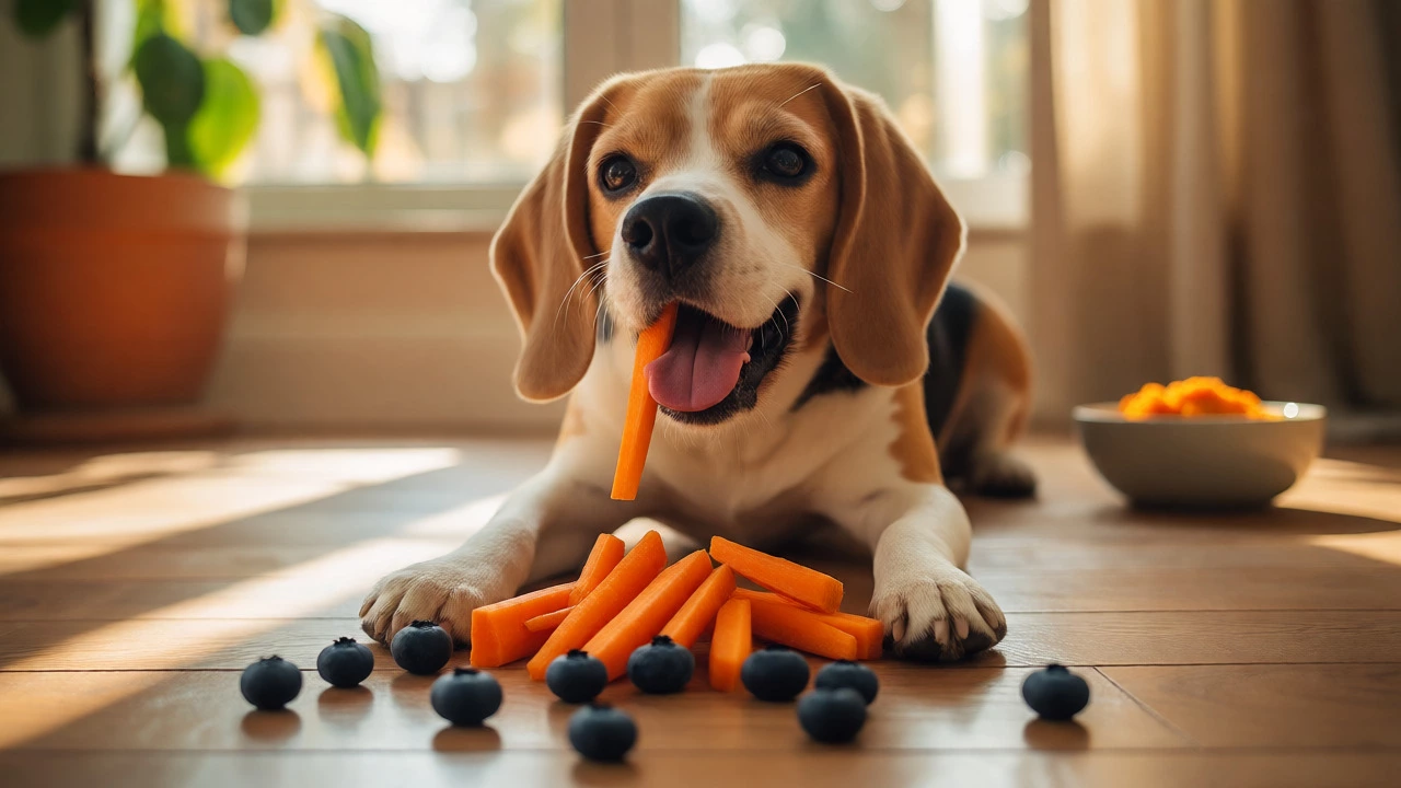 Happy beagle eating fresh carrots and blueberries on a sunlit wooden floor.