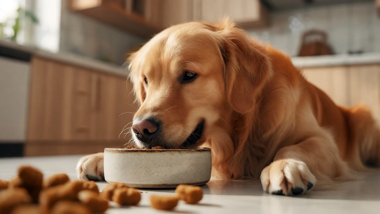 Healthy Golden Retriever with a shiny coat eating from a bowl in a kitchen.