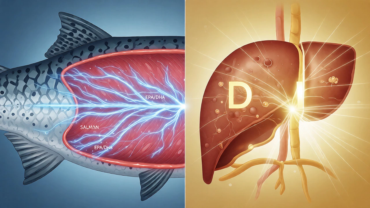 Illustration comparing salmon muscle omega-3s and cod liver vitamins