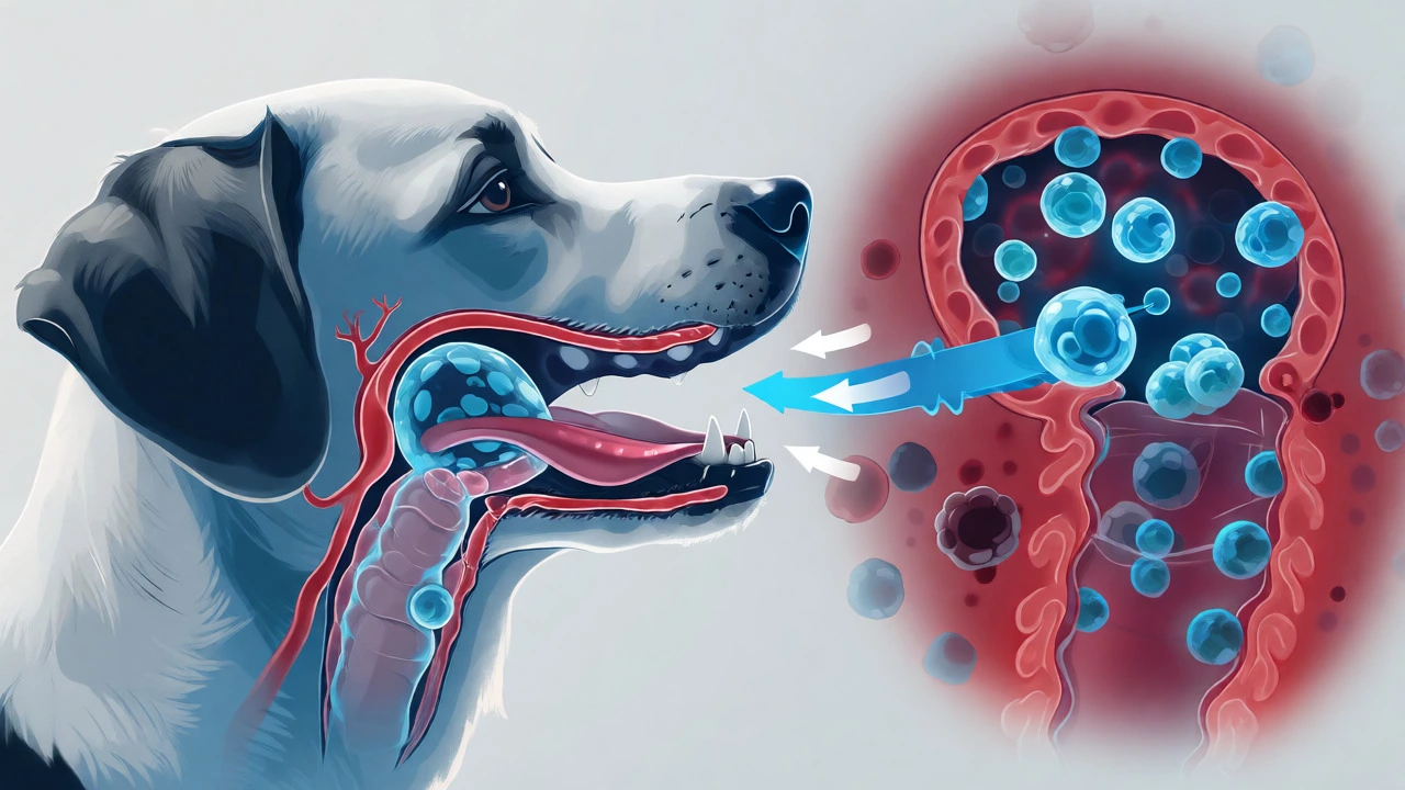 Illustration of healthy gut bacteria influencing canine oral health.