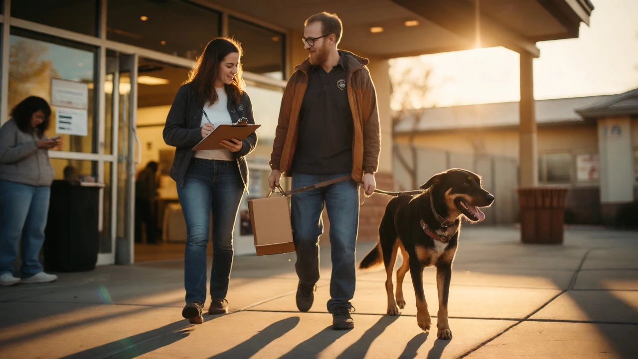 New owners leaving the shelter with their adopted dog