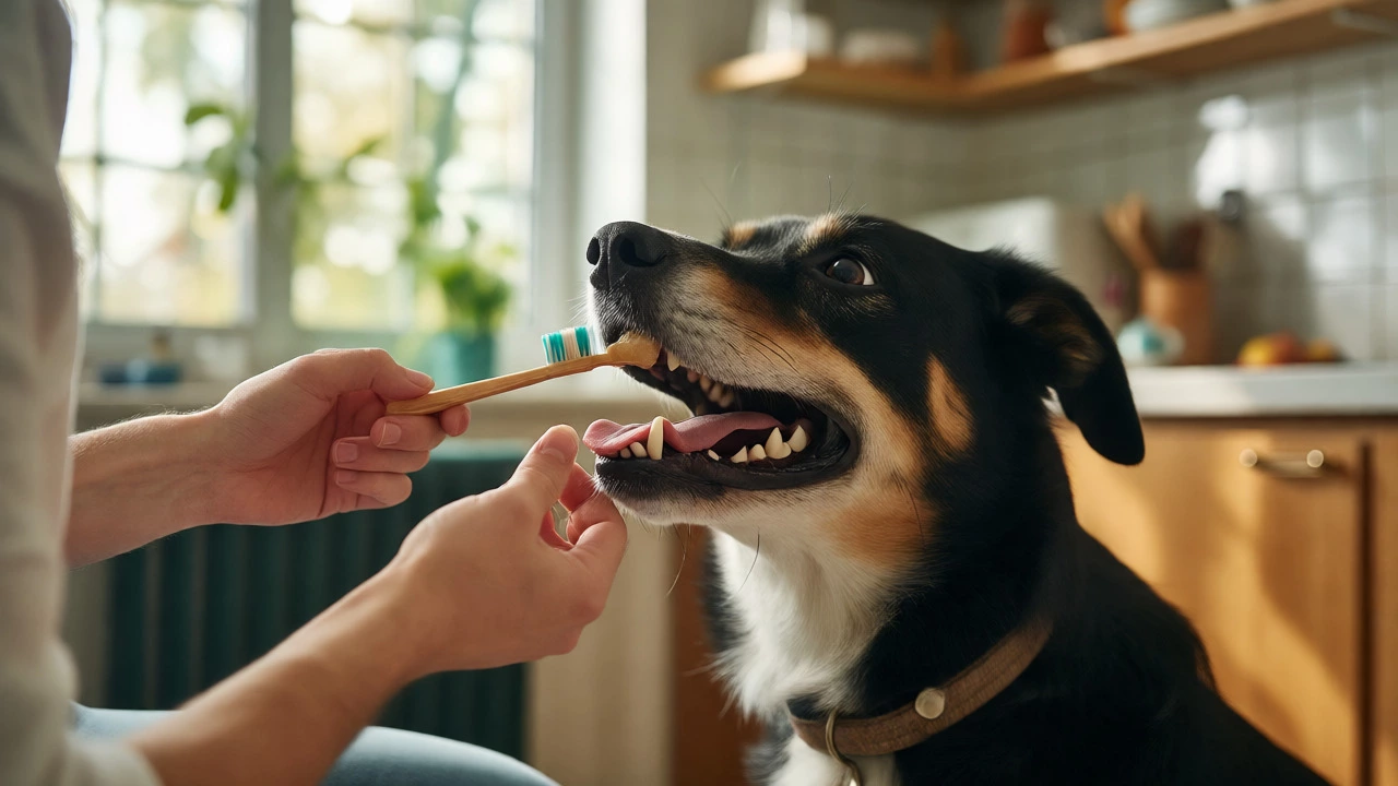 Owner giving dental supplements to a dog in a bright kitchen.