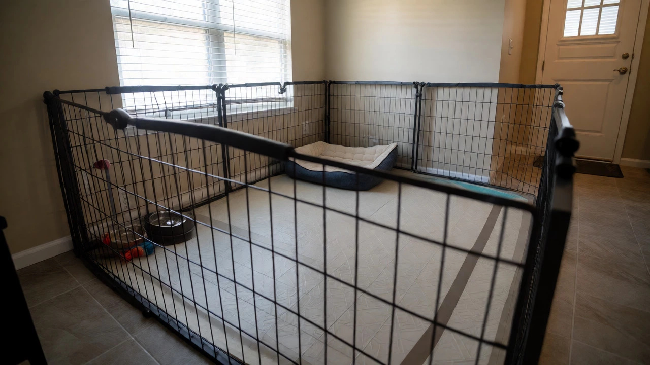 Safe indoor exercise pen setup for a puppy left alone