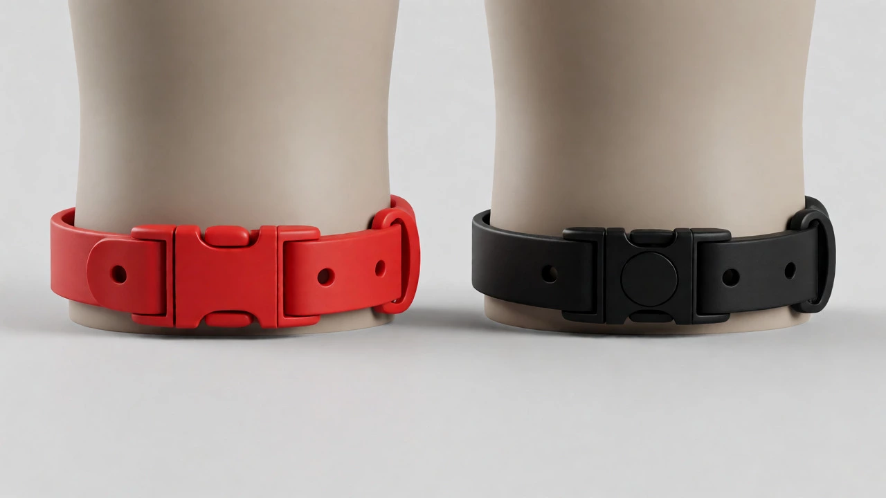 Side-by-side comparison of a red quick-release collar and a black breakaway collar.