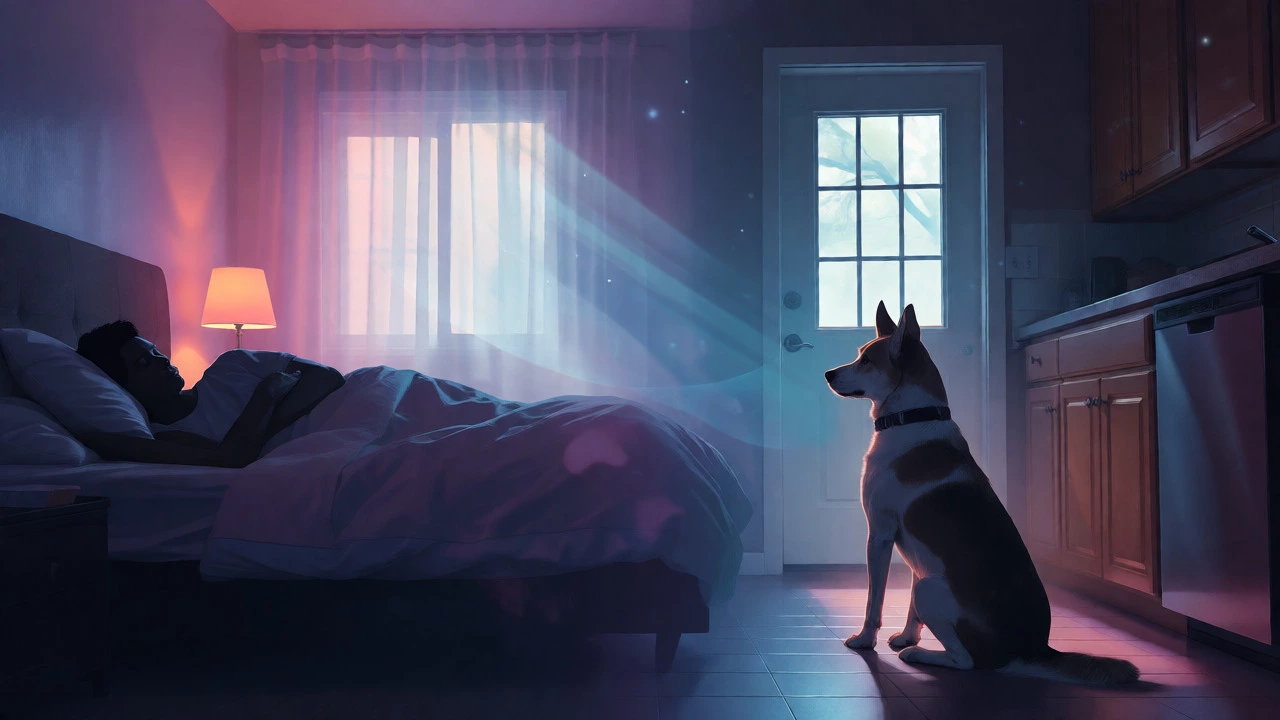 Split view of sleeping owner and waiting dog
